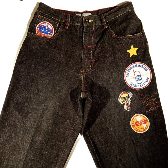 Platinum FUBU Harlem Globetrotters Jeans  sz 32  Black  Patches  Baggy  Vintage - Picture 1 of 13